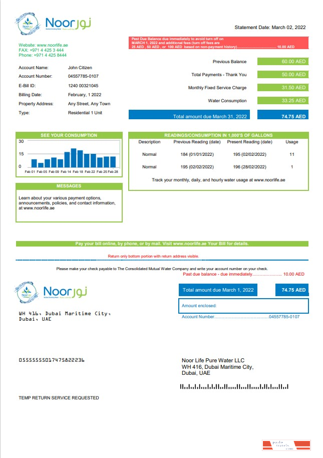 UAE Noor Life Pure Water LLC utility bill template in Word and PDF format